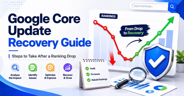 Google core update recovery guide showing ranking drop-to-recovery trend with audit steps