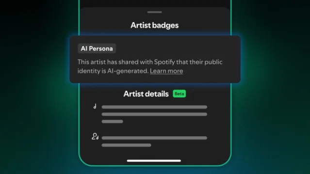 Spotify artist badges interface showing an AI Persona label