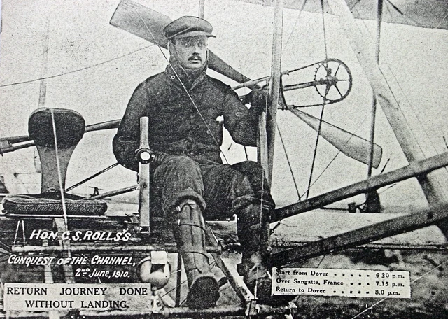 Commemorative postcard showing Charles Rolls in his Wright Flyer with the double-crossing flight path annotated, June 2, 1910