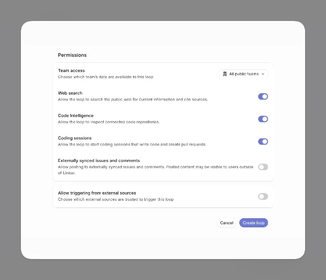 Linear Loop permissions panel with team access and capability toggles