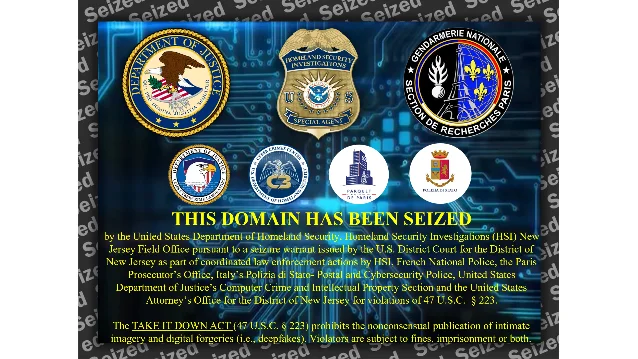 DOJ seizure splash page announcing the Fable 5 export control action — the first time a live production AI API has been suspended under U.S. export control authority