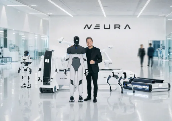 NEURA Robotics product lineup: collaborative robot MAiRA, mobile robot MAV, and humanoid robot LARA