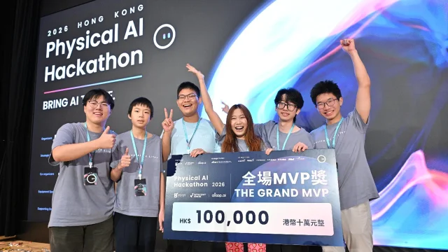Six Team 23 members hold the Physical AI Hackathon 2026 Grand MVP award board