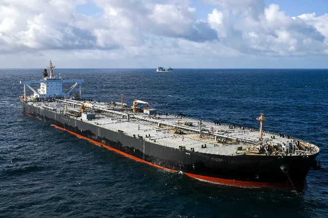 MT Davina, a sanctioned Iranian supertanker, underway at sea — one of seven vessels that sailed Friday as post-blockade Iranian oil exports surge