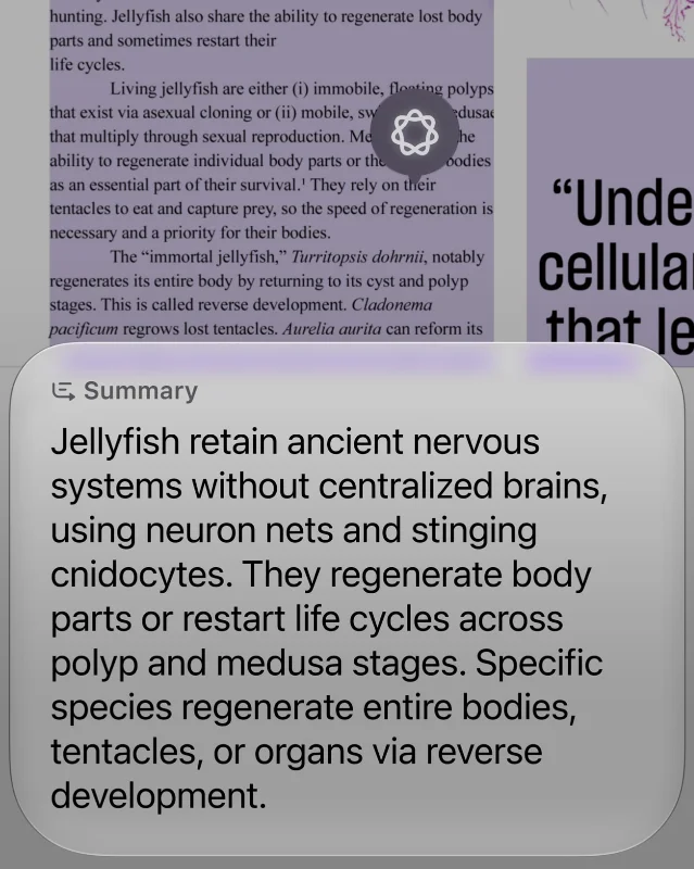 A phone screen showing an article about jellyfish with a Summary card overlaid on it, containing a short paragraph summarising the article