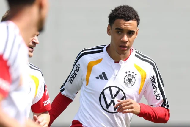 Jamal Musiala during Germany training, wearing the German national team kit