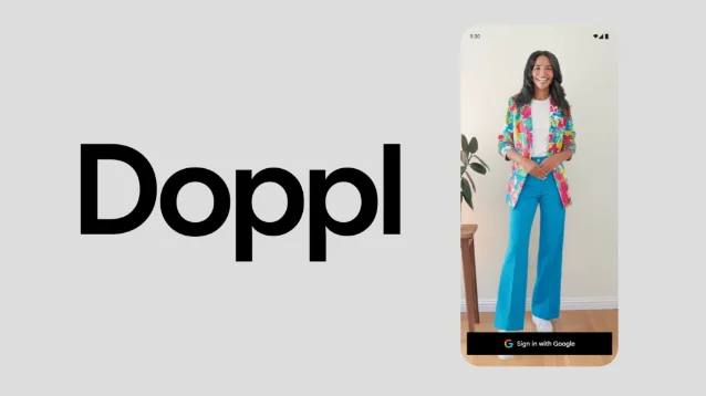 Google 官方提供的 Doppl 产品宣传图：手机界面展示一名用户穿着虚拟服装的结果，旁边是 Doppl 的产品字样