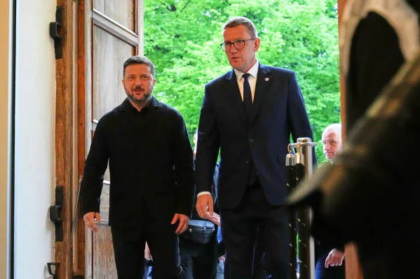 Estonia's Prime Minister Kristen Michal and Ukraine's President Volodymyr Zelensky attend a Nordic and Baltic countries meeting in Tallinn, June 9, 2026.