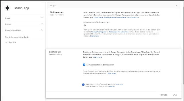 Google 管理员控制 Classroom 接入 Gemini App 的设置界面