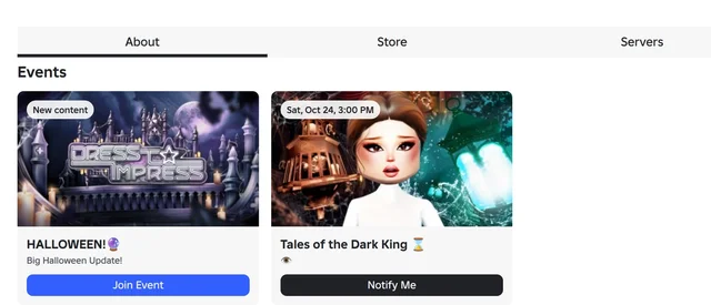 The Dress To Impress listing's Events rail on 18 October 2026, showing a live HALLOWEEN! card and a Tales of the Dark King card dated Sat, Oct 24, 3:00 PM
