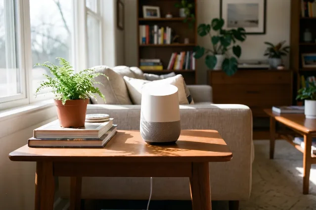 Google smart speaker on a wooden side table in a sunlit living room