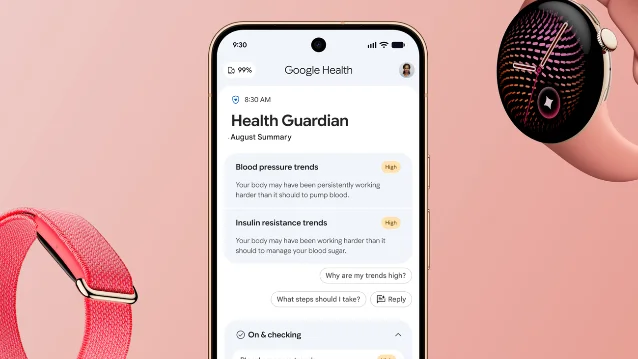 A Google Health Guardian screen summarizes blood-pressure and insulin-resistance trends beside a smartwatch