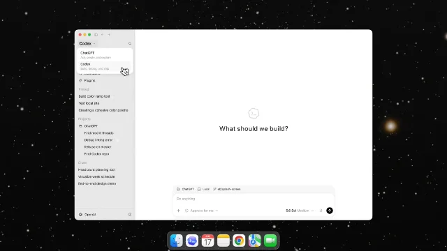ChatGPT 桌面应用的侧边栏与 Chat、Codex、Projects 入口截图