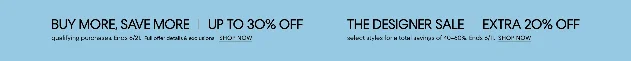 Bloomingdale's homepage banner for June 11 — Buy More Save More up to 30% off ends June 21, and Designer Sale extra 20% off select styles ends June 11