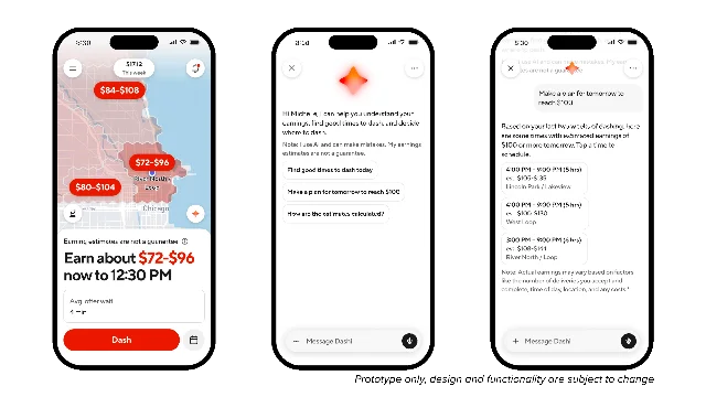 Dasher App 内的 AI 原型界面,地图上给出收入预估与明日排班建议