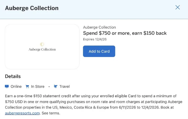 Amex Offers interface showing Auberge Collection offer terms: Spend $750+ get $150 back, with participating property information
