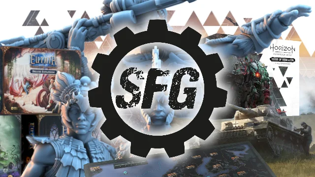 Promotional art for the Steamforged board game campaigns, including Euthia and Horizon Forbidden West, gathered behind the publisher's SFG gear mark