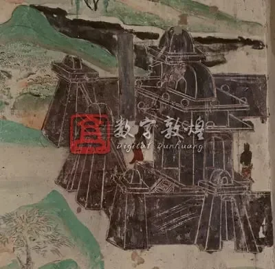 第 103 窟壁画局部：建筑与山水细节