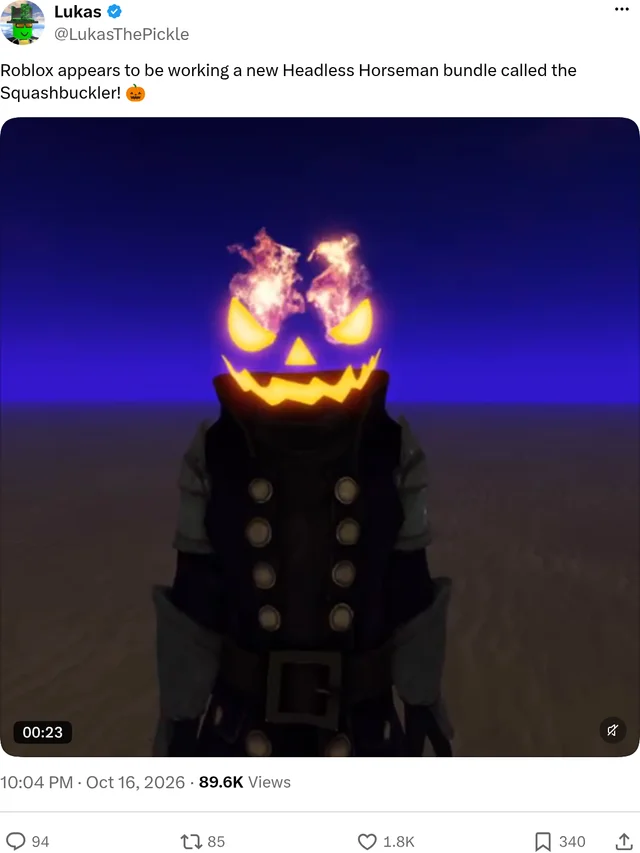 A post by Lukas on X reading "Roblox appears to be working a new Headless Horseman bundle called the Squashbuckler!" above video of a headless figure in a dark brass-buttoned doublet with a glowing jack-o'-lantern head