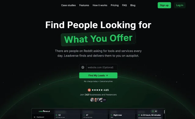 Leadverse 官网首页展示公开求助帖到获客线索的产品定位