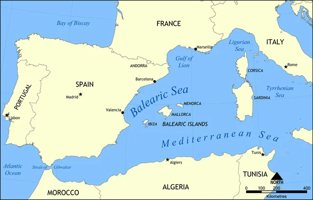 A map of the western Mediterranean showing France, Spain, Portugal, Italy, Morocco, Algeria and Tunisia, with the Balearic Sea, the Gulf of Lion and the Ligurian Sea named