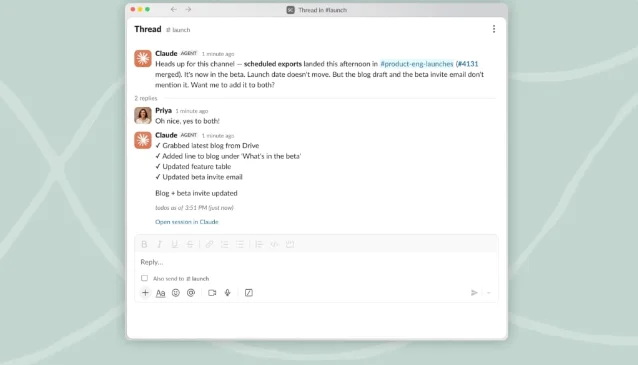 Claude Tag 在 Slack 线程中处理任务的产品示意