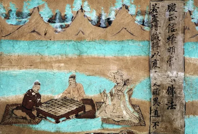 莫高窟第454窟维摩诘经变中的弈棋局部。真实壁画照片,敦煌研究院。