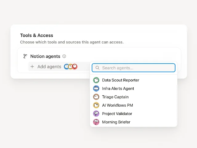 Notion Custom Agent settings showing the Tools &amp; Access panel, a Notion agents row, and an Add agents picker listing several agents
