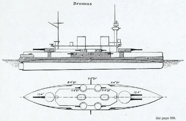A black-and-white line drawing of a battleship in profile above a plan view of the same hull, with the positions of the gun turrets marked