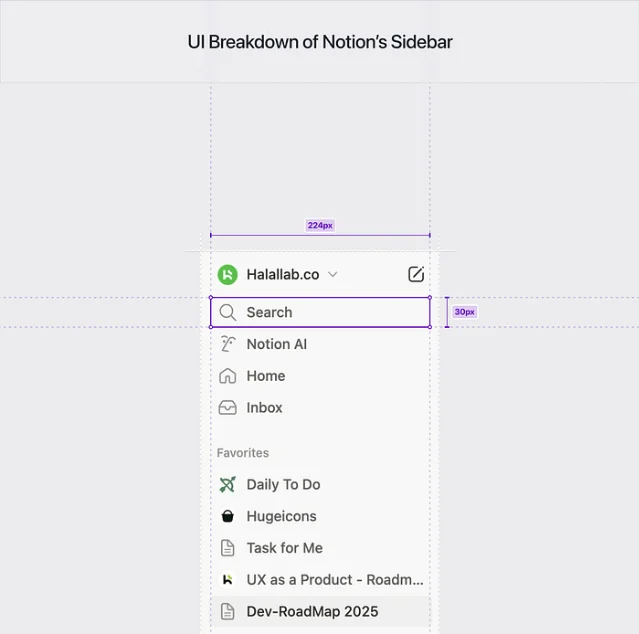 Notion sidebar spacing — each row 30px tall, 8px left/right padding, 4px top/bottom padding