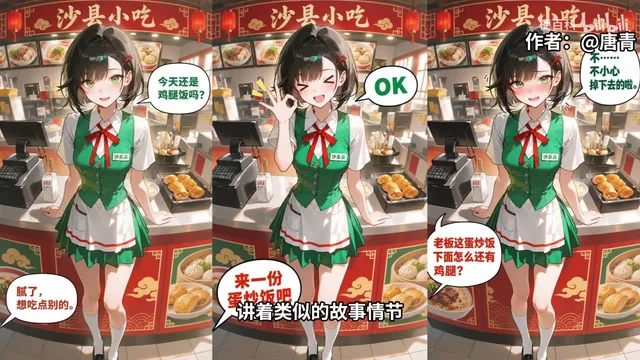 原片引用的 AI 动画画面：三段并排，绿色马甲配红领结的动画店员站在收银台后，旁边对话框写着「今天还是鸡腿饭吗？」「腻了，想吃点别的。」「来一份蛋炒饭吧」「OK」「老板这蛋炒饭下面怎么还有鸡腿？」「不……不小心掉下去的啦。」