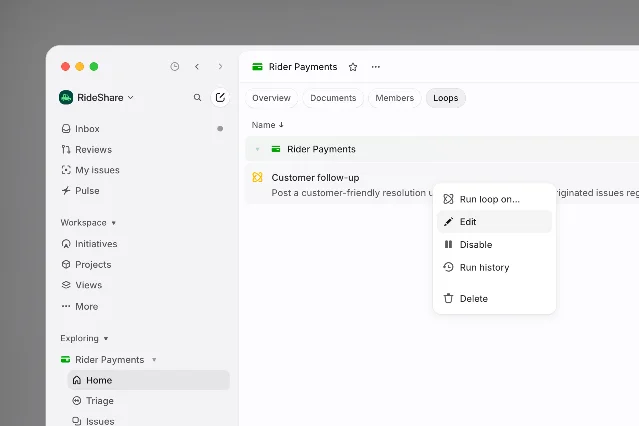 Linear team Loops view with the action menu open