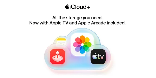 Apple's iCloud+ promotional graphic showing a cloud holding the Photos, Apple Arcade and Apple TV icons under the line "All the storage you need. Now with Apple TV and Apple Arcade included."