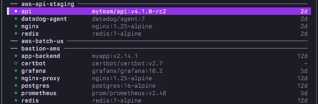 purple Containers tab: Docker and Podman containers grouped by host (aws-api-staging, aws-batch-us, bastion-ams) with image names, versions, and uptime
