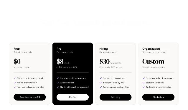 Off the Record 定价页四档:Free $0、Pro $8/month 或 $72 a year、Hiring $30/seat/month 按年付 $360 per seat、Organization Custom
