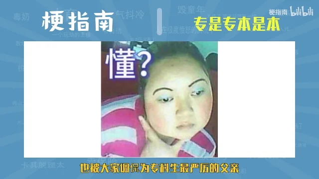 白框里一个女孩托着腮翻着眼睛,画面左上角压着一个紫色「懂?」字,底部黄字写着「也被大家调侃为专科生最严厉的父亲」
