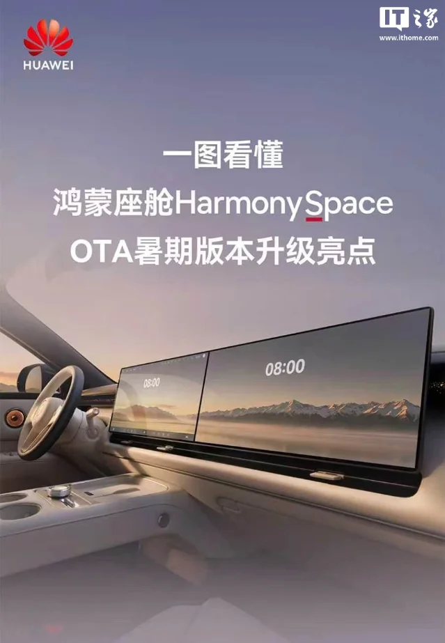 鸿蒙座舱 HarmonySpace 暑期版本海报,画面展示车机屏幕与升级主题,适合引出导航记忆和充电站筛选的实际操作。