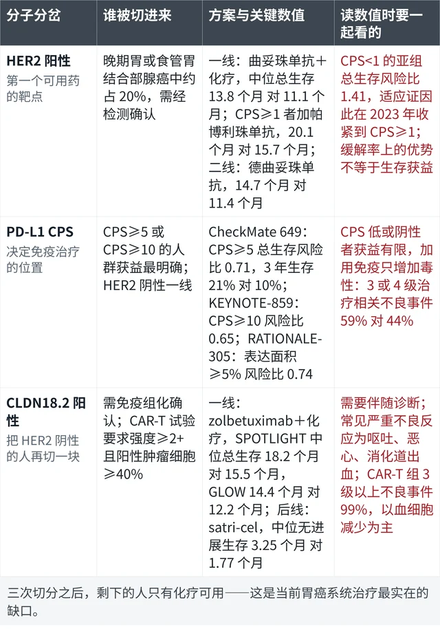 晚期胃癌按 HER2、PD-L1 CPS 与 CLDN18.2 三个分子分岔划分的人群、关键数值与阅读边界
