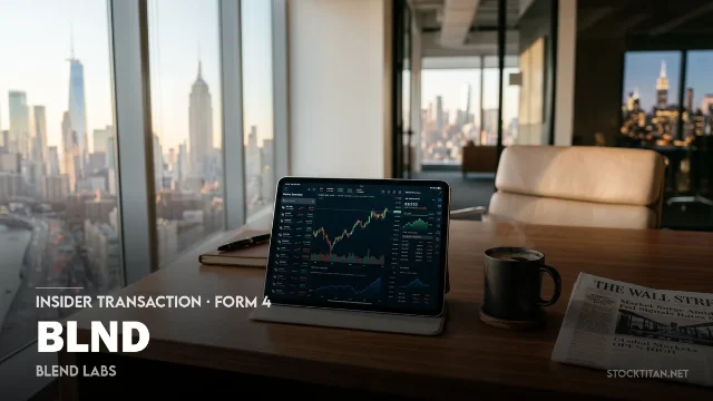 Blend Labs Form 4 filing cover — office desk with stock charts and Manhattan skyline