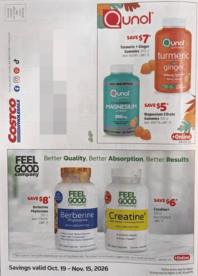 Two panels of a printed warehouse-club savings page, showing four supplement bottles with red savings bursts and small print of item numbers