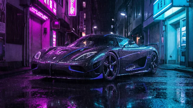 AI-generated futuristic hyper-car with wet carbon fiber in a rain-soaked alleyway — strong magenta light from screen-left, electric cyan from screen-right, both reflecting in puddles below