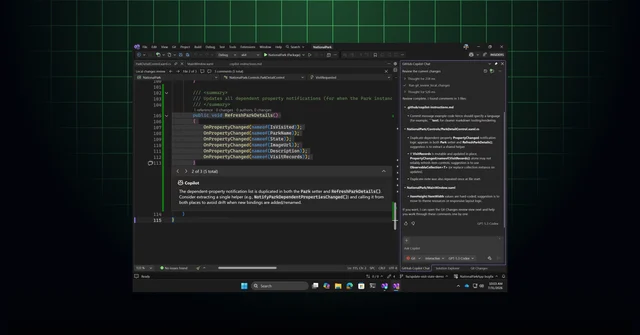 GitHub Copilot reviewing local code changes in Visual Studio