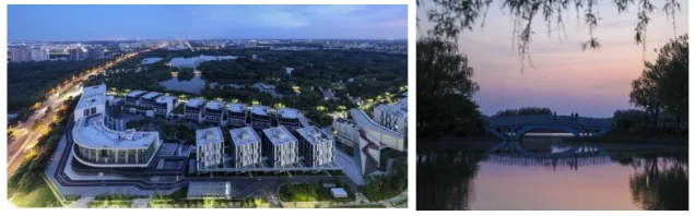 念坛公园夜景与湖区环境