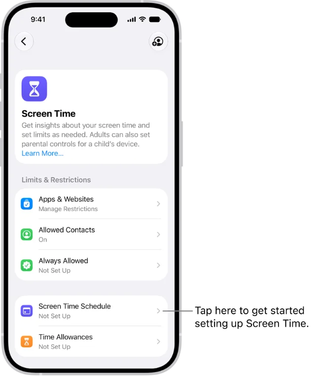 iPhone 的屏幕使用时间设置页,列出 App 与网站、允许的联系人、始终允许、屏幕使用时间日程与分类额度