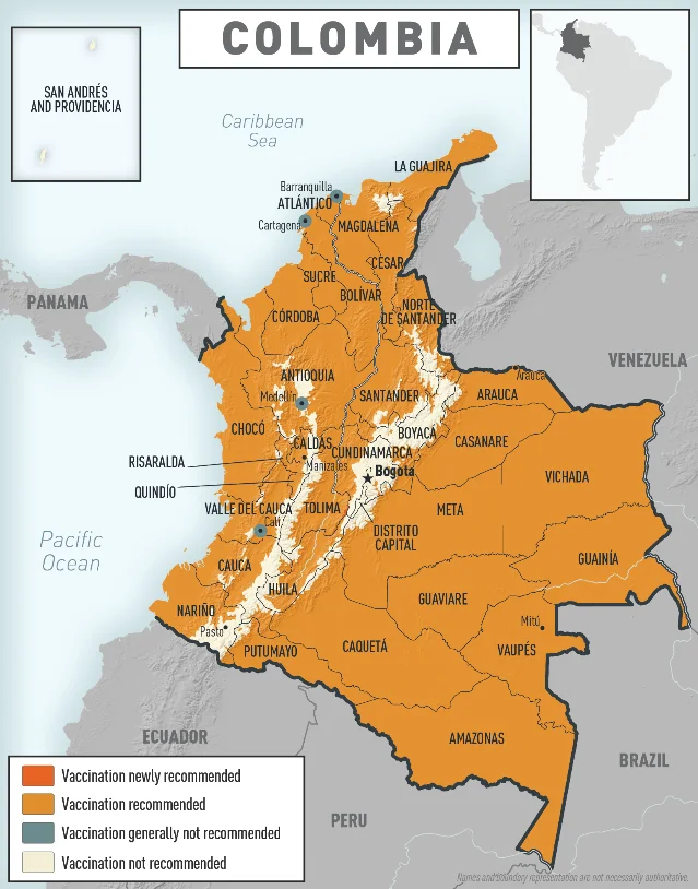 Colombia map showing where yellow fever vaccination is recommended, newly recommended, generally not recommended, and not recommended