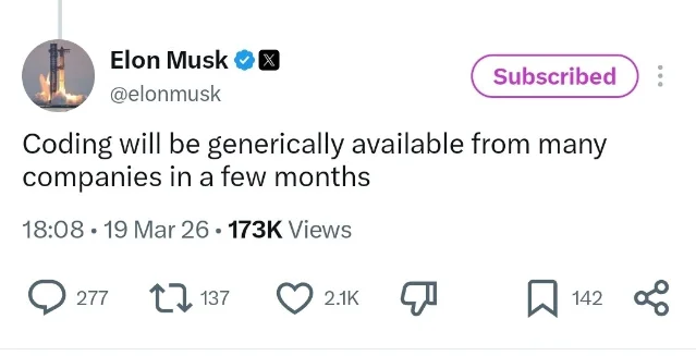 Elon Musk 关于代码能力将普遍可得的旧帖截图