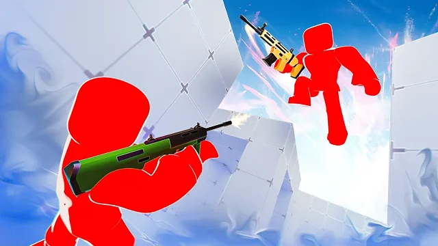 Competitive shooter scene from RIVALS featuring two red blocky avatars holding assault rifles on elevated platforms