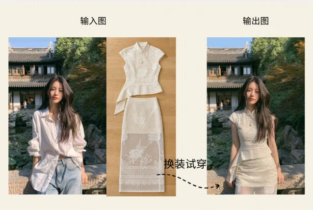 Split image labelled in Chinese as input and output: a photograph of a woman beside a garment reference, then the model's result