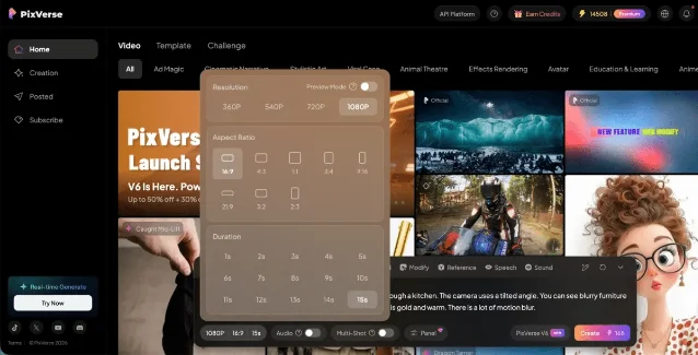 The PixVerse creation screen, with resolution, aspect ratio and duration controls open over a video feed