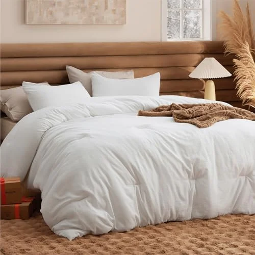 Bedsure Queen Comforter Set, white prewashed fabric on bed